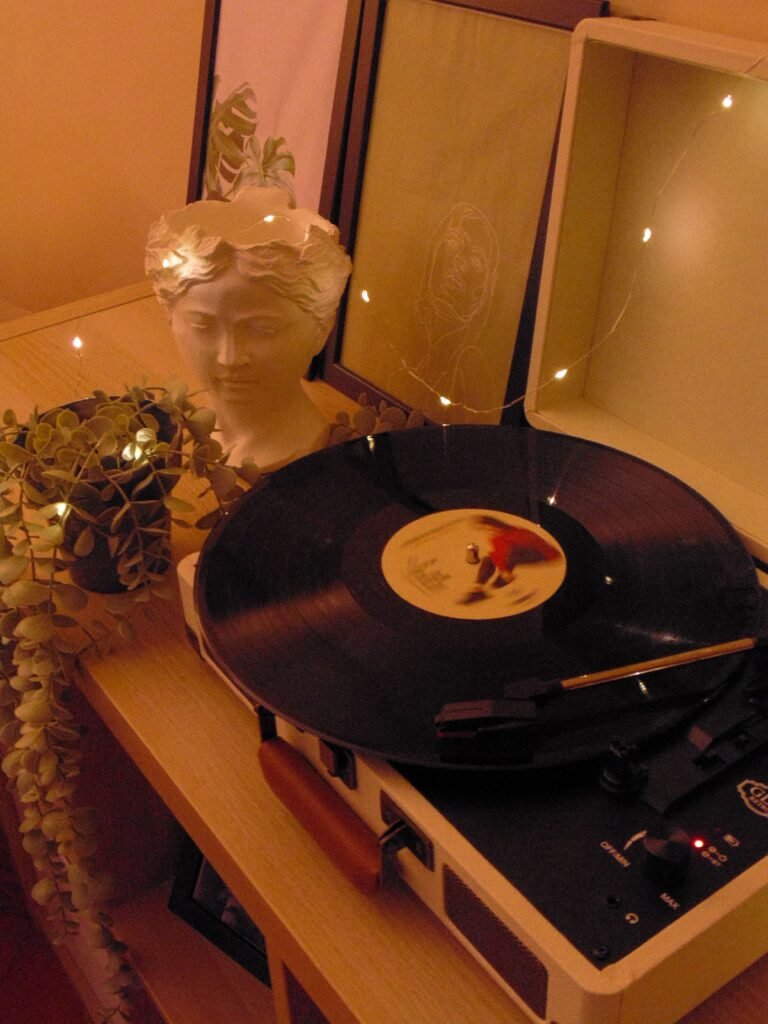 A record player with fairy lights, potted plant, and statue to create ambience while you complete your Halloween bucket list.